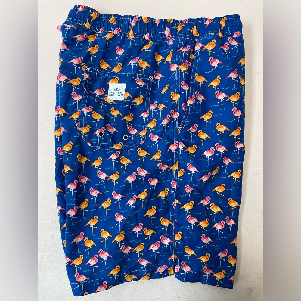 PETER MILLAR Flamingo Print Swim Trunks in Blue (Multi) Size L